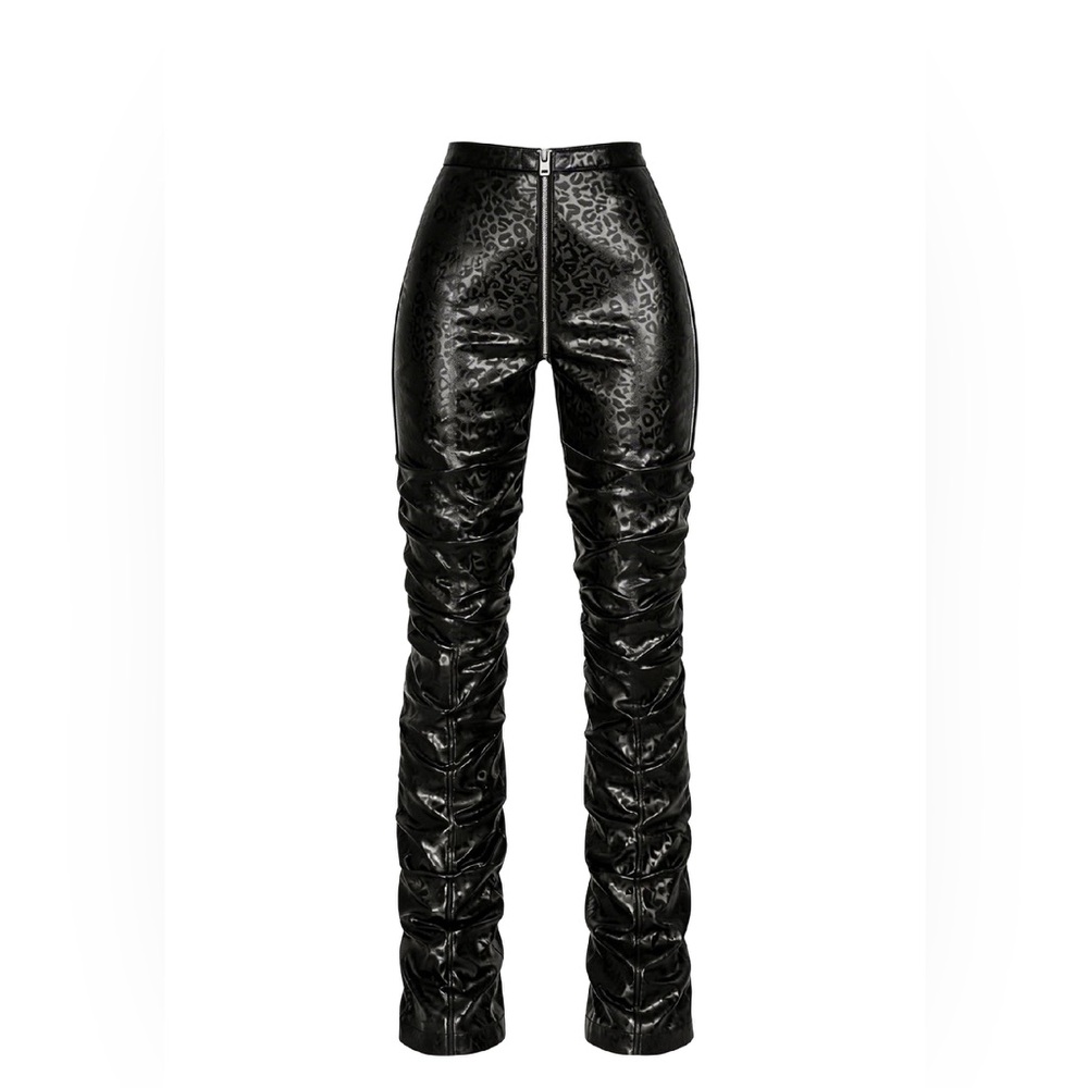 Black Faux Leather Ruched Straight Leg Pants